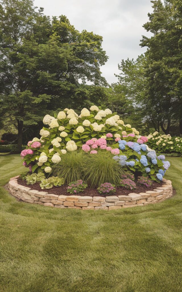 A photo of a well-decorated hydrangea garden in the form of an island bed in the center of a wide, open lawn. The raised circular plot is bordered with natural stones and layered with different hydrangea varieties, ranging from creamy whites to vivid pinks and cool blues. The tallest hydrangeas occupy the middle of the island, with progressively shorter varieties creating a soft, tiered effect. Clumps of ornamental grasses and flowering salvia accent the base, while mulch keeps everything tidy. The island is perfectly symmetrical, offering a vibrant focal point that draws the eye from every angle in the yard.