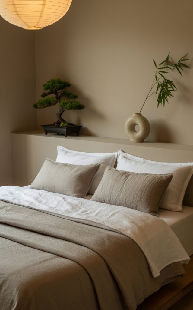 A photograph showcasing a low-profile bed as the central focus within a Japandi-inspired bedroom. The bed features soft, textured gray and beige linen bedding, neatly arranged with a single, folded blanket at the foot. A small bonsai tree sits on a floating shelf above the bed, beside a handmade ceramic vase holding a single sprig of bamboo. Soft, diffused light from a paper lantern hanging above illuminates the scene, creating a serene and peaceful atmosphere within the minimalist bedroom.