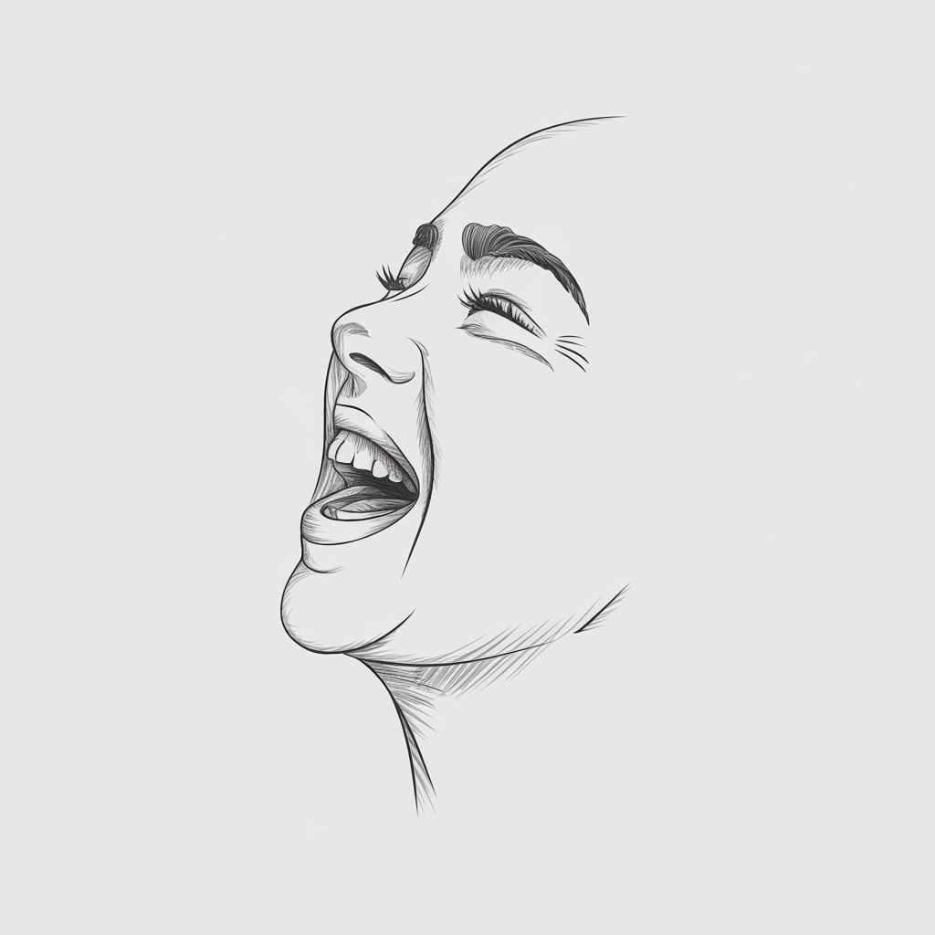 A minimalist, plain white background pencil drawing illustration of a side profile caught mid-laughter, drawn in a creative style. The mouth is open slightly, curved upward in a joyful expression. Light creases are drawn at the corners of the eye and mouth, conveying natural motion. The cheek is rounded and lifted, and the eye is narrowed with a gentle arc. The sketch radiates emotion while preserving a clean and minimalist layout.