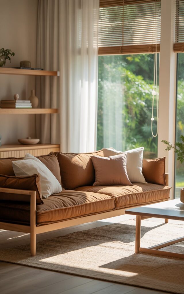 A photograph of a serene living room bathed in warm natural light, centered around a cozy tan linen blend couch. The couch is adorned with soft white and taupe pillows, perfectly complementing the light ash and birch wood furniture surrounding it, including a minimalist coffee table and floating wooden shelves. Sheer white curtains frame a large window, revealing a glimpse of lush green foliage outside, while soft blond floors complete the Scandinavian-cabin-in-the-summer vibe. Gentle sunlight streams through the neutral woven blinds, casting a warm glow across the entire space.