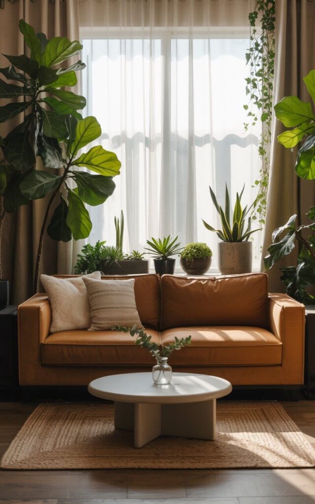 A photograph captures a cozy, inviting living room centered around a plush, earthy tan couch. The couch is adorned with a few soft, textured throw pillows, positioned facing a large window. Towering fiddle leaf fig trees and vibrant monsteras frame the couch, while various potted succulents and trailing ivy adorn the nearby windowsill, bathed in the gentle glow of sheer white curtains that diffuse the natural light. A woven jute rug lies beneath a sleek, modern coffee table with a small vase holding a single sprig of eucalyptus, creating a tranquil jungle-meets-modern-loft atmosphere.