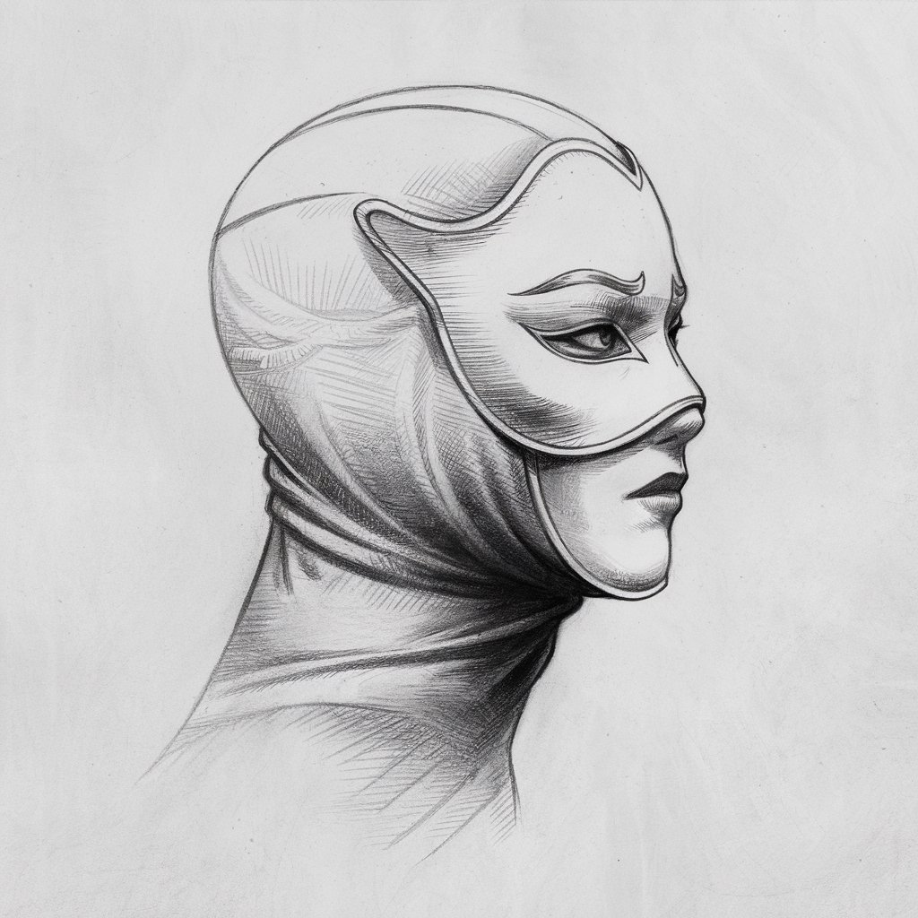 A pencil drawing of a side profile of a person wearing a mysterious mask. The mask covers the upper half of the face and is outlined with elegant curves and subtle designs. The mouth and chin are visible beneath the mask. The edge of the mask follows the brow line precisely. The background is plain white.