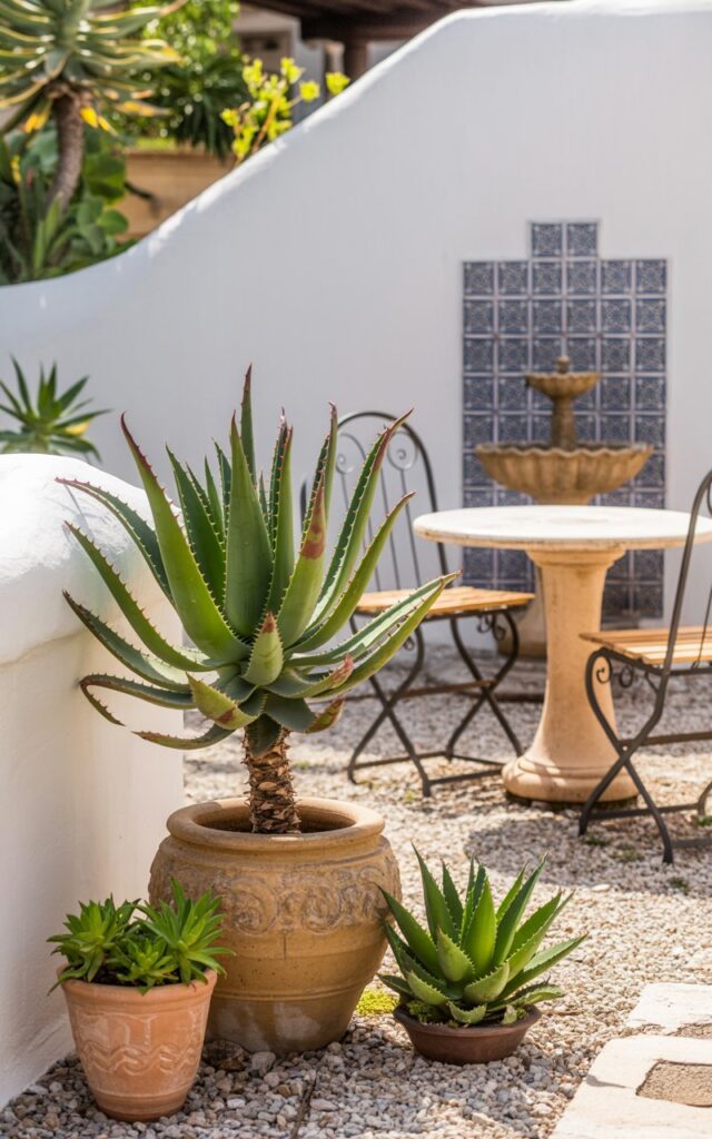 A photograph showcasing a sunlit patio transformed into a serene Mediterranean-style succulent garden, centered around a vibrant aloe vera plant. The aloe stands prominently in a large, aged terracotta pot, its spiky leaves a rich, deep green with hints of crimson along the edges, while a white stucco wall with intricate blue ceramic tiles forms a visually appealing backdrop. Scattered around the aloe are smaller pots containing jade plants and agave, with an antique wrought iron café set and a rustic stone fountain adding a touch of old-world charm, all set against a base of light-colored gravel and illuminated by the warm afternoon sun.  The scene evokes a feeling of relaxation and escape, as if captured on "a perfect vacation day".