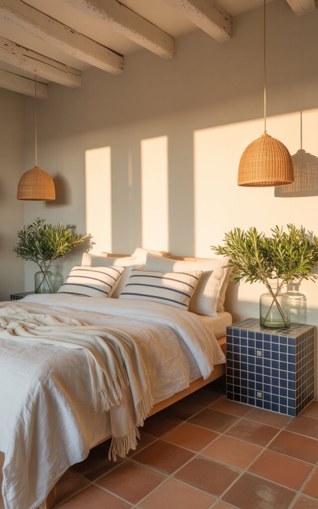 A photograph of a cozy bed in a sun-drenched Mediterranean-inspired bedroom. The bed is draped with crisp white linen sheets, accented by navy-striped pillows, and topped with a lightweight cotton throw, all resting beneath exposed wood beams. Tiled nightstands flank the bed, each holding a glass jug filled with vibrant olive branches, while a woven pendant light hangs gently above, casting soft shadows on the terracotta tiled floor. The room is bathed in warm, natural light streaming through a window, creating a sense of balmy freshness and coastal charm.