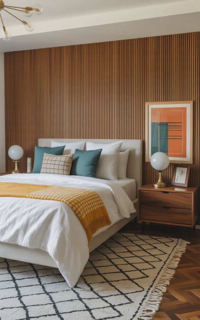 A photograph of a luxuriously styled mid-century modern bedroom centered around a king-sized bed. The bed is dressed in crisp white linen sheets, a mustard-yellow throw blanket with a geometric pattern, and several teal throw pillows, resting against a textured wood-slat accent wall. A walnut nightstand sits beside the bed, topped with a globe table lamp and a framed abstract print featuring bold lines in orange and teal, while a geometric area rug anchors the space beneath the bed. Soft, warm lighting from the sputnik chandelier overhead casts gentle shadows, highlighting the clean lines and retro-chic aesthetic of the room.