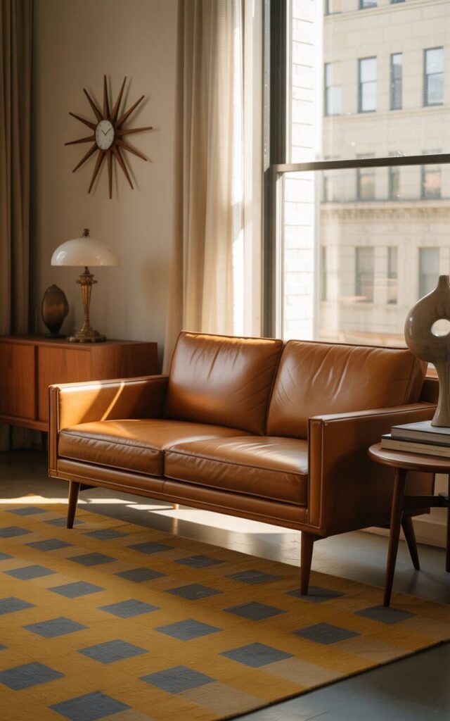 A photograph of a sleek tan leather couch taking center stage in a warmly lit midcentury modern living room. The couch, with its low back and clean lines, sits on angled walnut legs and faces a large window revealing a sun-drenched cityscape. A geometric patterned rug in shades of mustard and charcoal lies beneath the couch, while a vintage teak side table with a single antique lamp sits to its left, and a starburst clock hangs prominently on the wall above. Soft, diffused light illuminates a sculptural vase and a stack of classic design books nearby, creating an atmosphere of nostalgic elegance.