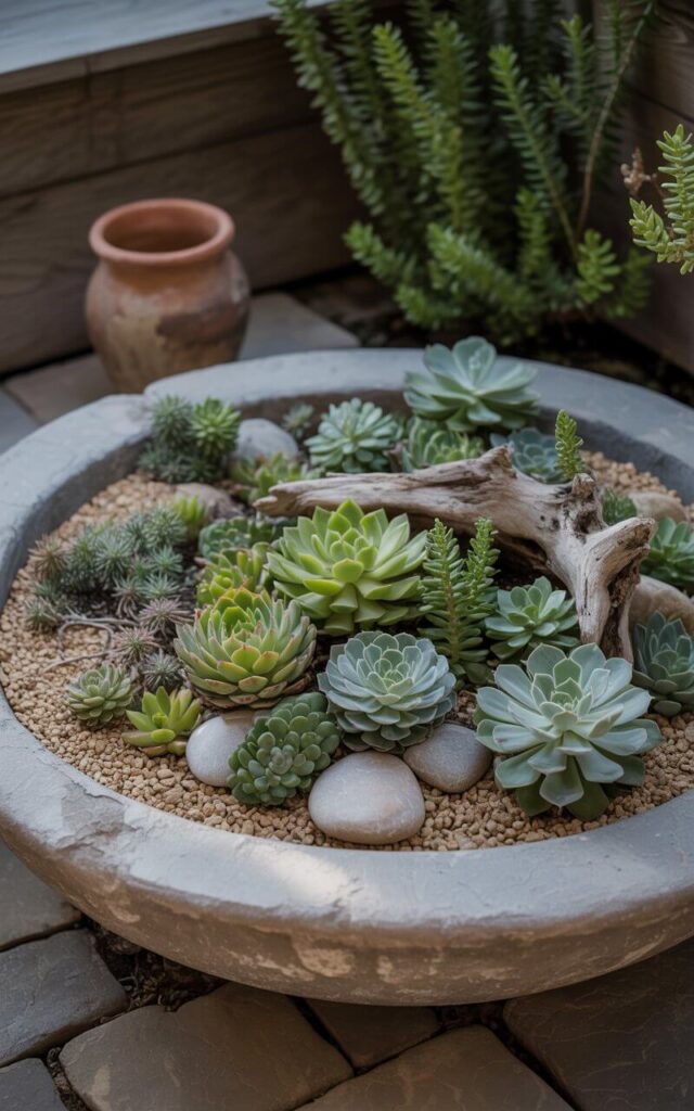 A photograph of a meticulously arranged succulent garden within a low, wide, weathered gray stone basin, situated in a quiet backyard nook. The basin cradles a vibrant collection of compact succulents, including rounded lithops, trailing sedum, and rosette-shaped graptoveria, interspersed with smooth river rocks and a piece of aged driftwood. Fine tan gravel fills the spaces between the stones, highlighting the succulents' subtle greens and grays, creating a miniature alpine landscape bathed in the soft, diffused light of a late afternoon sun. A single, antique terracotta pot sits slightly askew near the basin's edge, hinting at a seasoned gardener’s touch and adding depth to the tranquil scene.