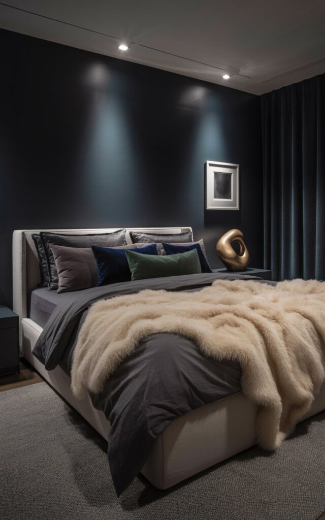 A photograph of a plush king-size bed dramatically centered in a modern bedroom with dark walls. The bed is draped in deep charcoal gray linens, accented by several velvet cushions in shades of sapphire and emerald, and a luxurious cream-colored faux fur throw cascading over the footboard.  Recessed lighting above highlights a single, striking abstract sculpture of polished bronze on a nearby minimalist nightstand while floor-to-ceiling midnight blue curtains soften the edges of the room and a framed monochrome print hangs on the wall. The scene exudes a sense of quiet luxury and invites a feeling of serene solitude.