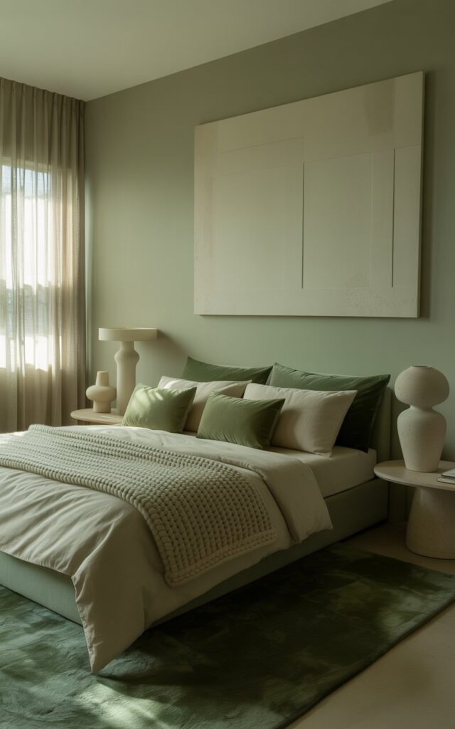 A photograph of a meticulously designed bedroom bathed in soft, diffused light. The room's color palette is a calming sage green, with a king-sized bed as the central focus, adorned with plush velvet throw pillows and a thick, textured knit blanket displaying the words "sweet dreams". Minimalist ceramic vases and sculptural lamps are placed strategically around the room, highlighting the clean lines and luxurious textures of the space, while a large abstract wall art piece complements the monochromatic theme. The floor is covered in a plush, dark green rug, and a sheer curtain gently filters the incoming sunlight, creating a warm, inviting atmosphere.