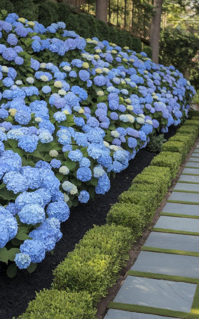 A photo of a well-decorated hydrangea garden with a sea of blue dominated by Nikko Blue hydrangeas. The garden has a gently sloped terrain, with black mulch edging the garden beds. The blooms are large, tightly packed, and vary in tone from sky blue to indigo, depending on their position in the sunlight. Surrounding the hydrangeas are trimmed boxwoods and slate stepping stones leading toward a patio. The sheer uniformity of color creates a calming, unified aesthetic that speaks to expert planning and immaculate upkeep in this hydrangea garden.