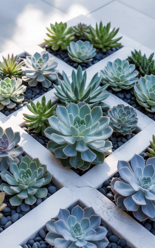 A photograph showcasing a minimalist succulent garden arranged in a geometric pattern. A collection of ghost echeveria, blue chalksticks, and dusty miller succulents are neatly arranged in square concrete planters with a subtle, textured finish, showcasing their silvery-green and cool blue hues. The succulents are meticulously positioned to emphasize their rosette forms and unique leaf textures, while matte black river stones create clean lines at the base of each planter, enhancing the restrained aesthetic. Soft, diffused sunlight illuminates the scene from above, creating gentle shadows that highlight the textures and shapes within the garden.