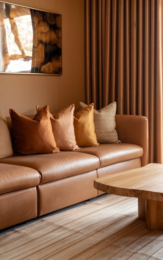 A photo of a warm, tonal living room. There's a camel-colored couch with varying shades of caramel, toffee, and sand pillows. The couch is placed against a light mocha wall and has tan drapes that reach the floor. A beige rug lies beneath a wooden coffee table with a soft matte finish. The artwork above the couch reflects the earthy tones. The room feels cozy and cohesive, providing a tonal comfort.