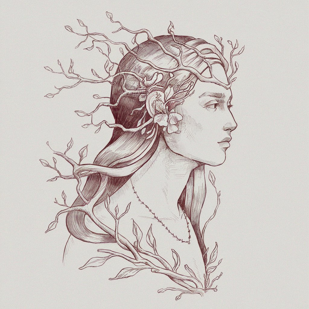 A pencil drawing of a side profile with intertwined natural elements. The subject has long hair and wears a necklace. The hair is intertwined with branches and leaves. There are floral shapes around the ear and forehead. The branches and leaves gently emerge from the subject's hair and neckline. The drawing has a minimalist style and is drawn on a plain white background.