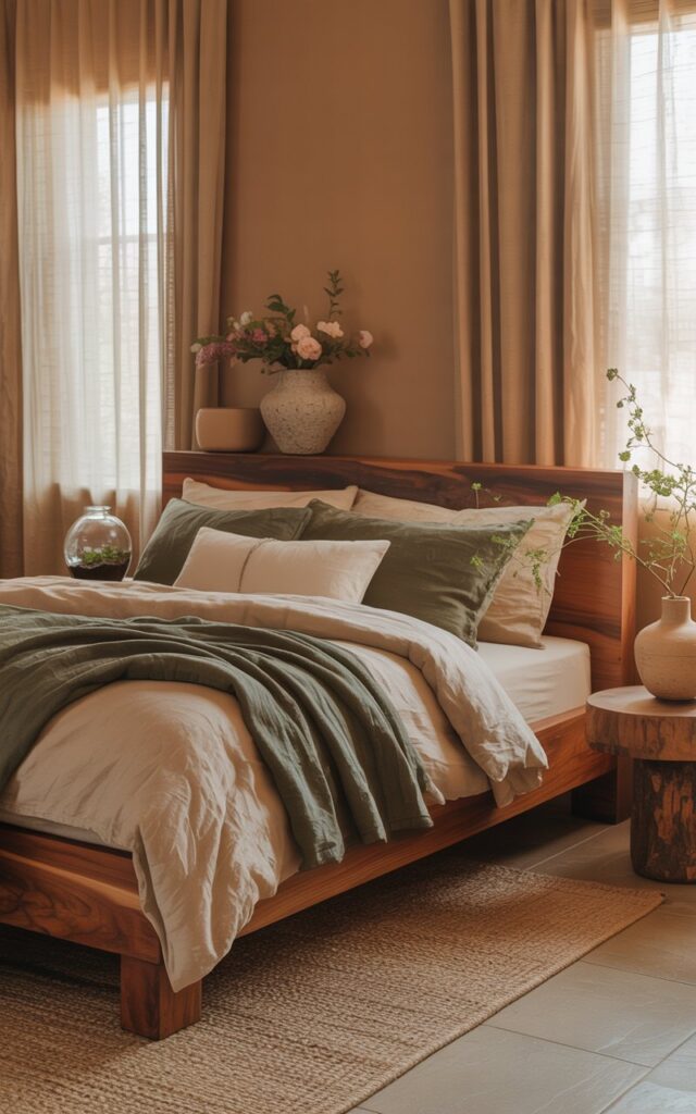 A photograph of a cozy bedroom designed with nature’s quiet elegance, centered around a strong wooden bed with beige and olive-toned linen bedding. The bed is adorned with layered green blankets, resting on a jute rug in front of clay-colored walls, and illuminated by soft light filtering through gauzy curtains. A small terrarium and a stone vase holding flowers sit on a wooden bedside table beside the bed, with a live-edge wood nightstand and ceramic vessels completing the tranquil scene. The room is bathed in a warm, natural light, creating a grounding retreat.