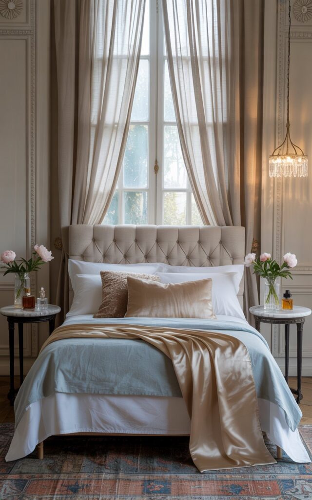 A photograph of a luxurious Parisian-inspired bedroom centered around a queen-sized bed with a linen tufted headboard. The bed is dressed with crisp white sheets, a pale blue coverlet, and a silky champagne-colored throw, accented by two plush velvet pillows. Tall windows with sheer, flowing ivory curtains frame the scene, while marble-topped nightstands on either side of the bed hold vintage perfume bottles and petite vases with fresh peonies, bathed in the soft glow of a delicate crystal pendant light. Ornate moldings and a worn wool rug add to the room’s classic elegance, evoking a sense of timeless charm and sophisticated tranquility.