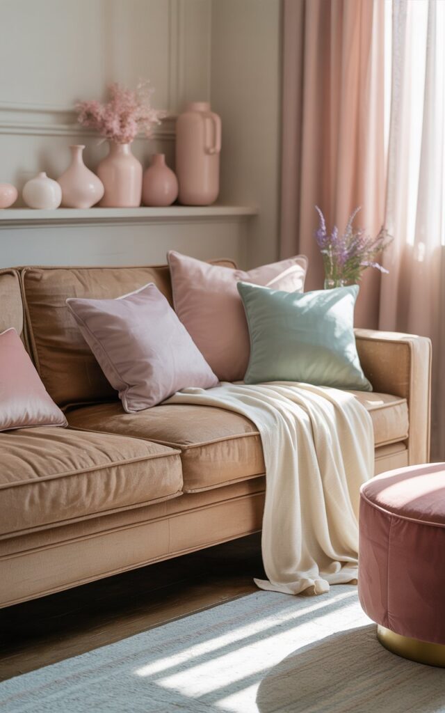 A photograph of a cozy living room centered around a classic tan linen couch. Several blush pink, pale lavender, and mint green cushions are artfully arranged on the couch, alongside a light yellow throw, creating a sense of inviting softness. A rose-colored velvet ottoman serves as a coffee table, and a nearby shelf displays a collection of pastel ceramic vases, while pale pink curtains gently filter sunlight into the room. A light gray rug anchors the space, enhancing the room's airy and warm atmosphere with gentle, diffused lighting.
