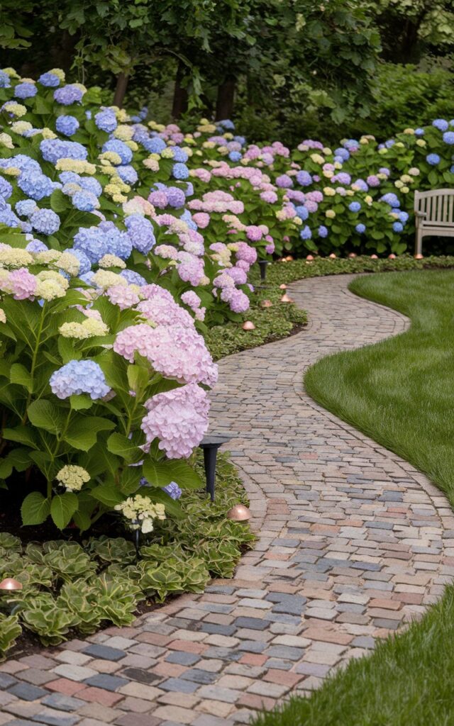 A photo of a well-decorated hydrangea garden with a curved cobblestone path winding through tall, blooming hydrangeas in pastel shades of blue, pink, and white. The bushes are planted in staggered rows, creating a wave-like effect. The oversized, cloud-like flower heads nearly spill into the path, encouraging slow walking and admiration. Interspersed among the hydrangeas are small solar lights and patches of low groundcover, adding texture. The surrounding lawn is lush and neatly edged. In the distance, a wooden garden bench invites quiet reflection.