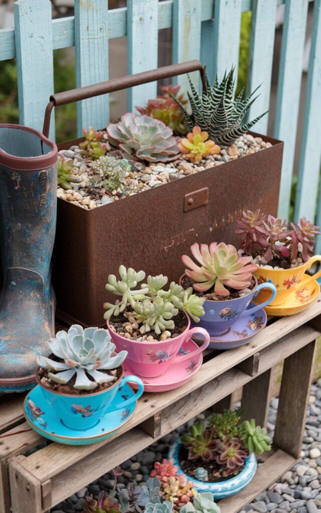 A photo of a vintage succulent garden with a rusted metal toolbox, a pair of rain boots, and several brightly painted teacups overflowing with zebra haworthia, moonstones, and flapjacks. The containers are arranged on a wooden crate and metal shelf, with a backdrop of a painted fence. The well-draining soil is topped with decorative gravel.