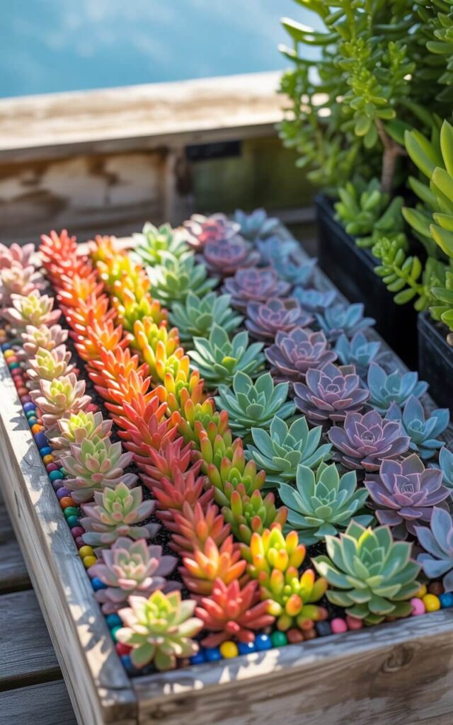A photograph showcases a meticulously crafted succulent garden arranged in a vibrant rainbow pattern within a shallow, weathered wooden planter box. Rows of meticulously placed succulents transition smoothly through the color spectrum—scarlet crassula, fiery orange sedum, sunny yellow sedum, lush green echeveria, calming blue chalksticks, and regal purple aeonium—each separated by small, colorful pebbles. The bright daylight illuminates the vivid colors, highlighting the orderly arrangement and the strong color theory at play, with soft shadows gently defining the textures of the succulents. The planter box sits on a rustic wooden patio, framed by a blurred background of lush green foliage and a clear blue sky.