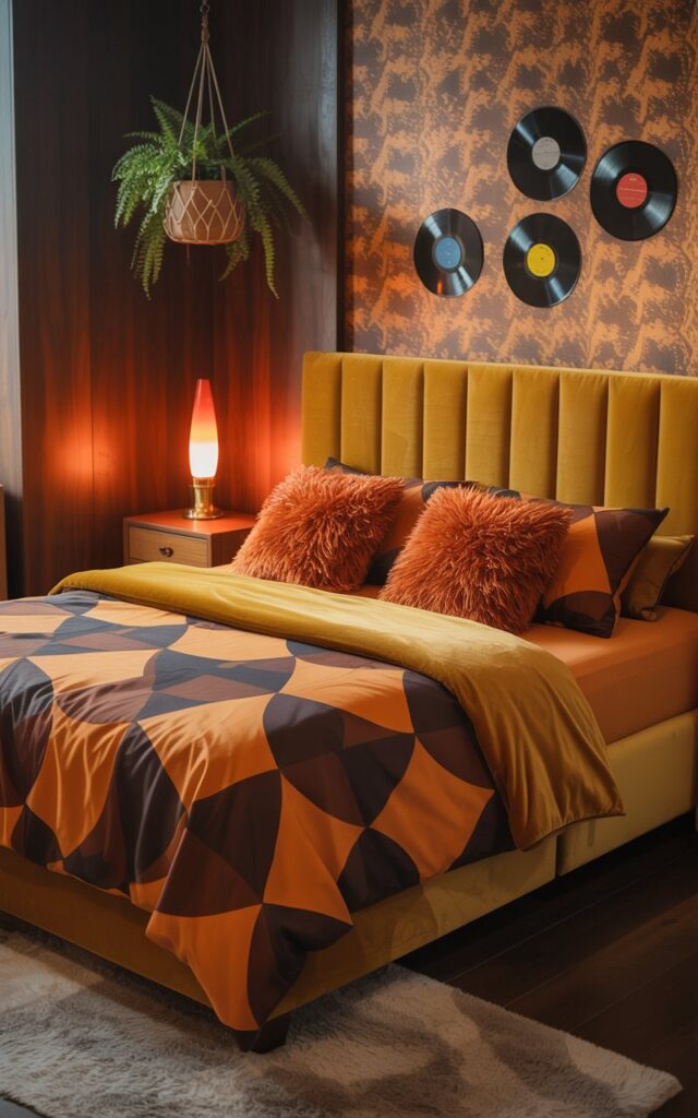 A photograph of a plush bed in a retro 70s-inspired bedroom, bathed in warm, ambient light. The bed is the central focus, showcasing a bold geometric duvet cover in shades of orange and brown, accented by vibrant shag throw pillows and a luxurious velvet coverlet in avocado green.  Behind the bed, patterned wallpaper in burnt orange and mustard tones complements dark wood paneling, while a lava lamp glows warmly on a teak nightstand beside a hanging macrame planter with a fern.  Several vinyl records are displayed as wall art, adding to the groovy, nostalgic vibe of the cozy and stylish space.