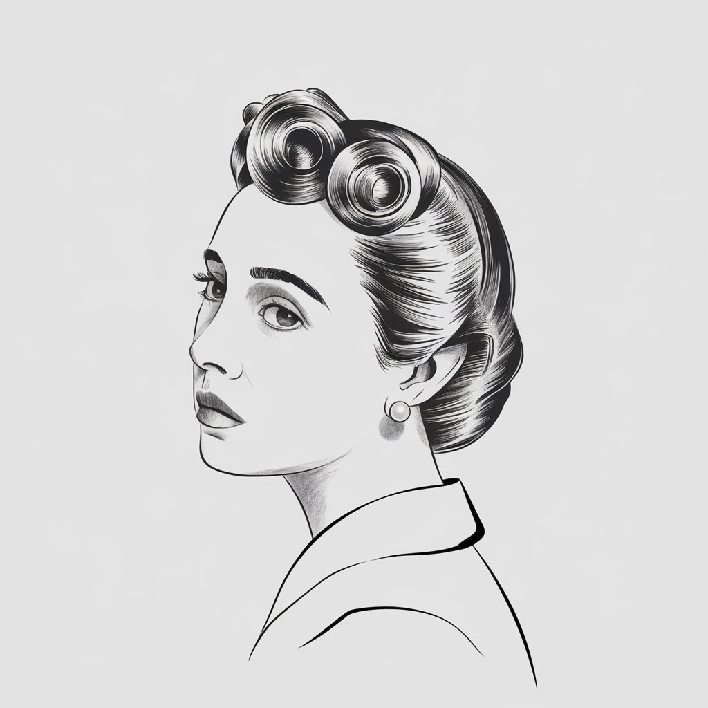 A minimalist, pencil drawing illustration of a side profile from a past era. The subject has a vintage hairstyle with pin curls and wears a pearl earring. The background is a plain white background.
