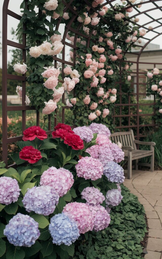 A photo of a well-decorated hydrangea garden with a romantic blend of soft pink hydrangeas, deep red peonies, and ivory climbing roses. The flowering trio is planted along a curved trellis walkway, where their textures and colors intertwine in luxurious harmony. The garden has a lush structure and floral opulence, making it the perfect setting for an afternoon tea or quiet moment. There's a wooden bench near the trellis. The background has a few trees and a building. The ground is covered with green leaves.