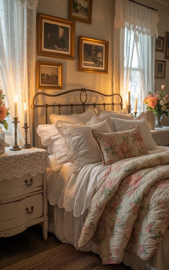 A photograph of a cozy bedroom interior designed with faded florals, soft lighting, and antique charm. A plush, inviting bed with a wrought iron frame takes center stage, draped in layers of eyelet linens, a floral quilt, and scalloped pillows, creating a sense of tranquil luxury. A doily-lined dresser sits beside the bed, topped with vintage candlesticks and framed sepia photos that adorn the wall above the headboard, adding to the room's nostalgic ambiance. Lace curtains gently filter sunlight through the window, illuminating the distressed white furniture and casting a warm, romantic glow throughout the space.