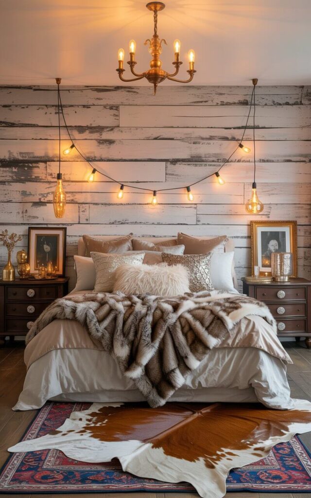 A photograph of a luxurious bedroom designed in a rustic glam theme, with a focus on a plush, inviting bed. The bed is centered in the room, dressed in layered linen, faux fur, and crushed velvet bedding, with a scattering of decorative pillows and a soft knit throw, sitting atop a layered rug arrangement—a cowhide on top of faded Persian textile. The whitewashed wood accent wall is illuminated by the warm amber glow of Edison bulbs and a vintage brass chandelier, while dark brown wooden nightstands with crystal knobs flank the bed, displaying gold-framed prints and metallic accessories that complement the earthy palette. Soft, diffused lighting creates a cozy and lavish atmosphere, highlighting the textures and tones of the room.