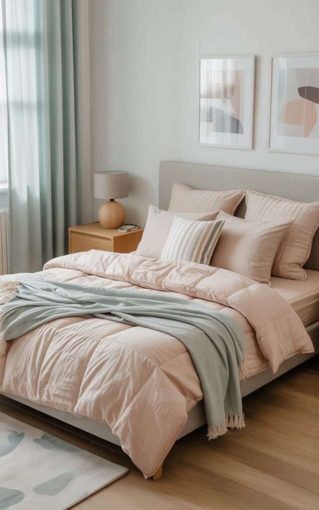 A photograph of a neatly made bed nestled within a serene Scandinavian-inspired bedroom. The bed boasts plush, cloud-like bedding in blush tones, layered with light grey throws and pastel-striped pillows, creating an inviting and cozy haven. A pale oak nightstand with a minimalist lamp sits beside the bed, while soft mint curtains gently filter natural light across the pale oak floors. Framed abstract prints in muted hues hang above the headboard, enhancing the room’s fresh, bright, and inviting atmosphere.
