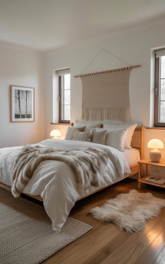 A photograph of a serene Scandinavian bedroom, featuring a king-sized bed as its focal point. The bed is dressed in layers of soft white linen bedding, a luxurious faux fur throw, and a collection of plush pillows, all centered against a crisp white wall adorned with a single framed black-and-white photograph of "a birch tree". Pale birch nightstands flank the bed, each holding a simple ceramic lamp that casts a warm, inviting glow onto the polished oak flooring, complemented by a fluffy sheepskin rug near the bed. Bare windows allow natural light to stream into the room, highlighting the minimalist décor and handwoven wall hanging above the bed, creating a calm and restful atmosphere.