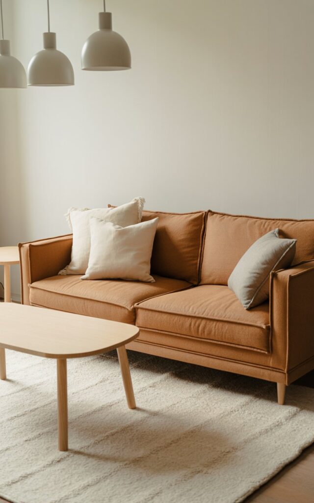A photograph of a cozy living room bathed in soft daylight, showcasing a plush tan wool flannel couch as its centerpiece. The couch features clean lines and is adorned with ivory and stone gray throw pillows, gracefully positioned against a bright white wall. Pale birch side tables and a light oak coffee table with simple designs are thoughtfully placed alongside the couch, anchored by a cream boucle area rug while three matte white pendant lights hang above. The overall scene exudes Scandinavian simplicity and warmth, creating a calm and inviting atmosphere.