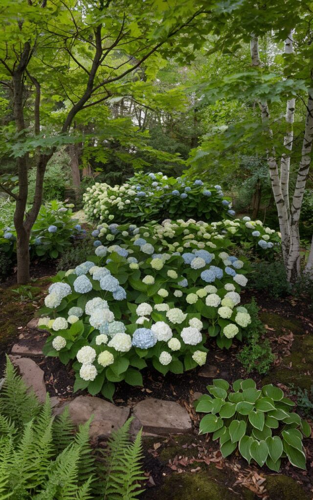 A serene photograph of a woodland hydrangea garden. Beneath a canopy of mature maple and birch trees, the garden is filled with pale blue and creamy white hydrangeas. The plants are nestled into rich, dark soil, bordered by natural stones, and flanked by lacy green ferns and hostas. The layout feels organic and peaceful. The ground is covered with fallen leaves and moss-covered rocks.