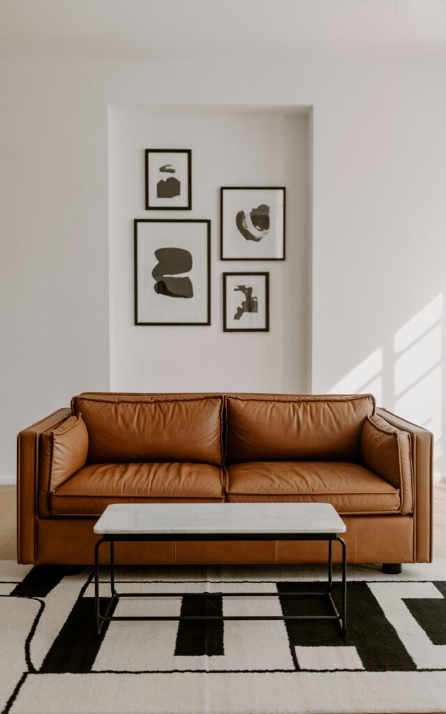 A photograph of a sleek tan leather couch as the central focus within a minimalist black-and-white living room. The couch has clean lines and a structured silhouette, positioned squarely on a graphic black-and-white patterned rug that contrasts the tan leather. Behind the couch, a crisp white wall displays a collection of black-framed abstract prints, and a simple black metal coffee table with a white marble top sits centered in front of the couch. Soft, diffused light streams in from an unseen window, highlighting the texture of the leather and creating a sense of calm and curated sophistication.