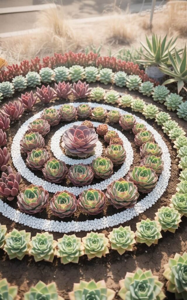 A photograph of a meticulously crafted spiral succulent garden embedded within the earth. The garden features concentric rows of vibrant succulents, arranged in a perfect Fibonacci sequence transitioning from deep burgundy crassulas at the center to soft chartreuse echeverias at the perimeter. A thin border of clean white pea gravel defines the spiral, accentuating its graceful curves and creating a stark contrast against the soil, while sunlight softly illuminates "A Botanical Fibonacci". The background is a blurred expanse of dry golden grasses, subtly highlighting the garden’s intricate design.