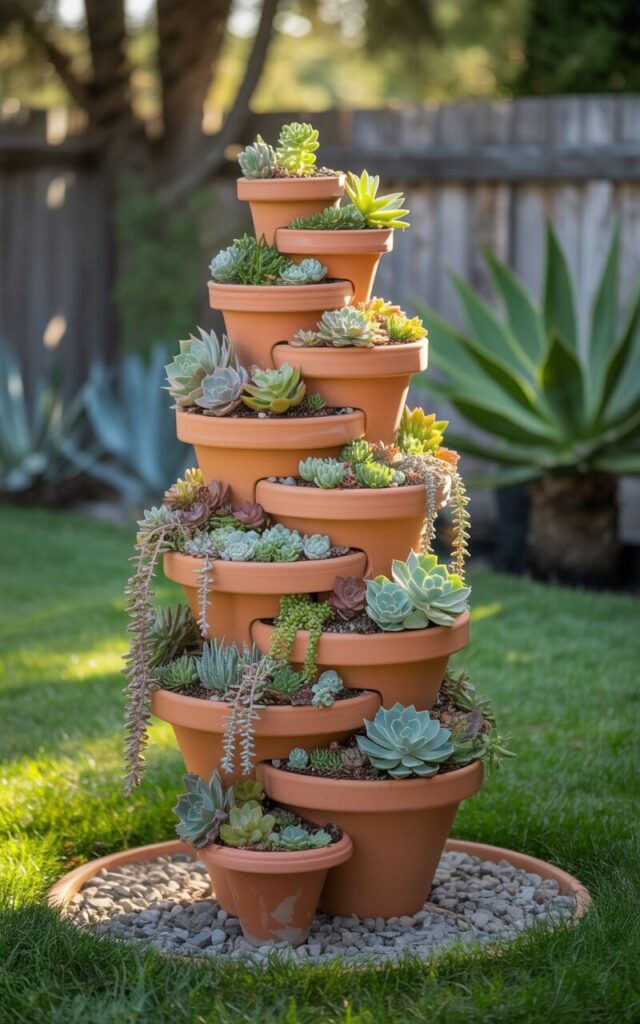 A photograph of a spiraling succulent tower constructed from stacked terracotta clay pots in a vibrant garden. Each pot is slightly offset, creating a whimsical, corkscrew-like form reaching toward a bright sky, with cascading varieties of echeveria, jade, sedum, and chalksticks filling each level. Decorative grey gravel surrounds the base of the tower, while the background features a neatly trimmed lawn, a weathered wooden fence, and dappled sunlight filtering through nearby trees. Warm, diffused lighting highlights the textures of the pots and succulents, creating a tranquil and artistic landscape.