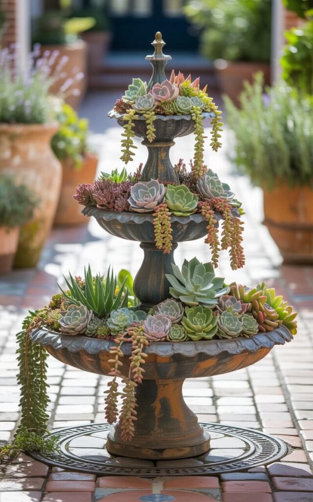 A photograph of a weathered, three-tiered cast-iron fountain transformed into a thriving vertical succulent garden. Each tier is overflowing with a vibrant assortment of succulents, including cascading string of pearls, blush-toned echeveria, and plump sedum varieties, spilling elegantly over the fountain's edges. The fountain sits in a sun-drenched central courtyard paved with intricate Mediterranean tiles, surrounded by rustic terracotta pots overflowing with lavender and rosemary. Soft, dappled sunlight illuminates the scene, highlighting the fountain's patina and the diverse textures and colors of the succulent garden.