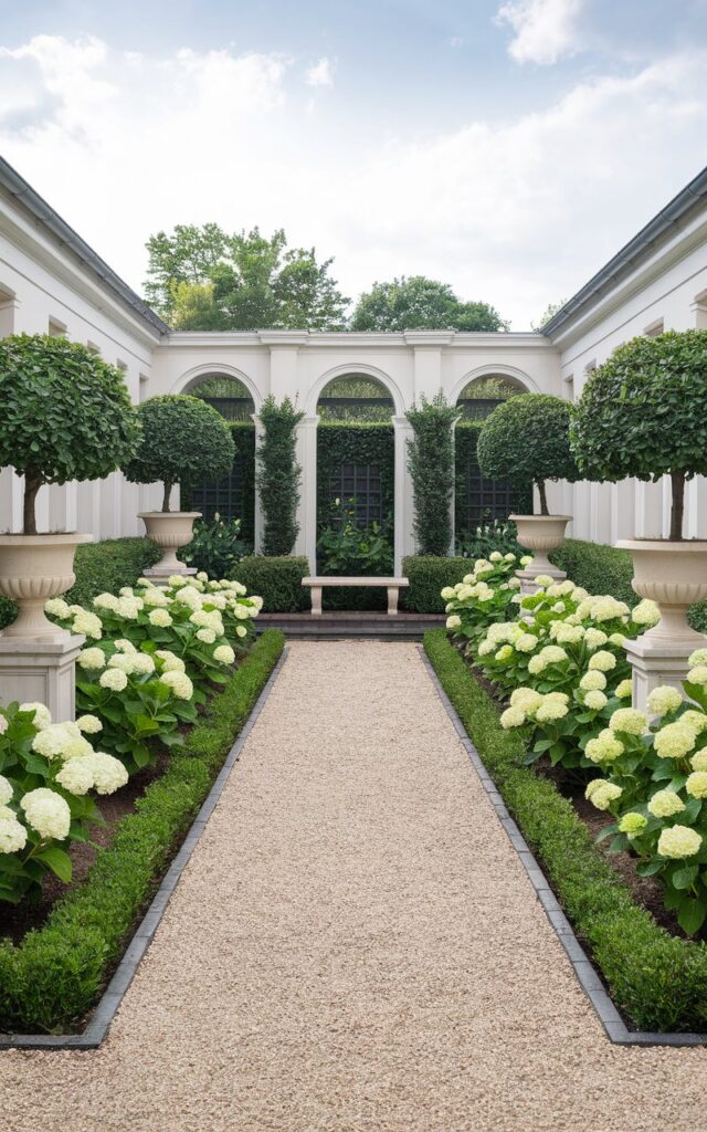 A photo of a well-decorated hydrangea garden with a formal, mirror-image design around a gravel courtyard. On each side, there are matching rows of compact Hydrangea arborescens evenly spaced between shaped boxwoods. White urns anchor the corners with identical hydrangea topiary trees, their rounded canopies pristinely trimmed. A central stone bench faces a symmetrical pair of trellised archways, giving the garden strong axial balance. The clean layout, crisp bloom colors, and structured greenery make this hydrangea garden feel refined and timeless, perfect for entertaining guests or enjoying quiet moments outdoors.