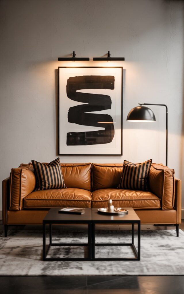 A photograph of a luxuriously comfortable tan leather couch nestled within a strikingly modern living room. The couch, with its deep cushions and visible stitching, sits centered against a matte white wall, facing the viewer and accented by two symmetrical black and tan striped cushions. Above the couch hangs a bold black and white abstract print, illuminated by a pair of sleek black industrial-style sconces and softly lit by a tall black floor lamp with a dome shade standing to the side. A monochrome rug anchors the layout, while a black metal-framed coffee table sits gently in front, creating a balanced and confident composition.