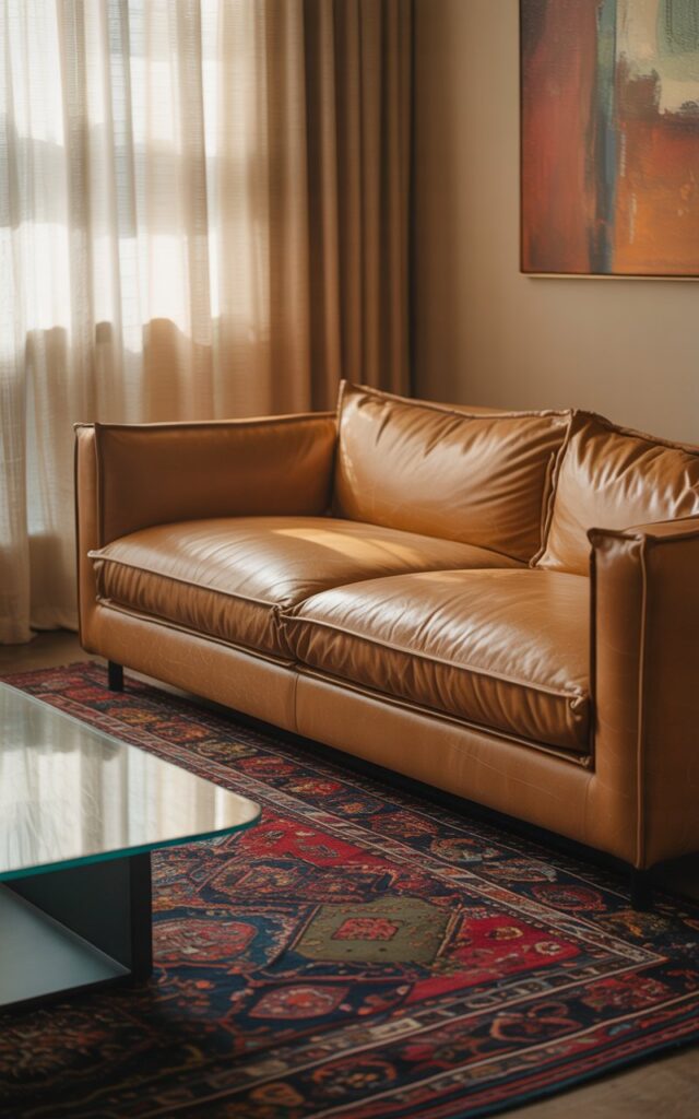 A photograph showcases a very cozy couch upholstered in plush tan microfiber, commanding attention in a vibrant living room. The couch sits squarely in the center, its soft texture contrasting with a vibrant, handwoven Persian-style rug in deep reds, blues, and golds, layered beneath it. A low, glass-top coffee table rests in front of the couch, subtly revealing more of the rug's intricate design, while the wall behind displays an abstract painting with touches of “burnt sienna”. Soft, warm lighting streams through sheer linen curtains, casting gentle shadows and highlighting the eclectic charm of the room.