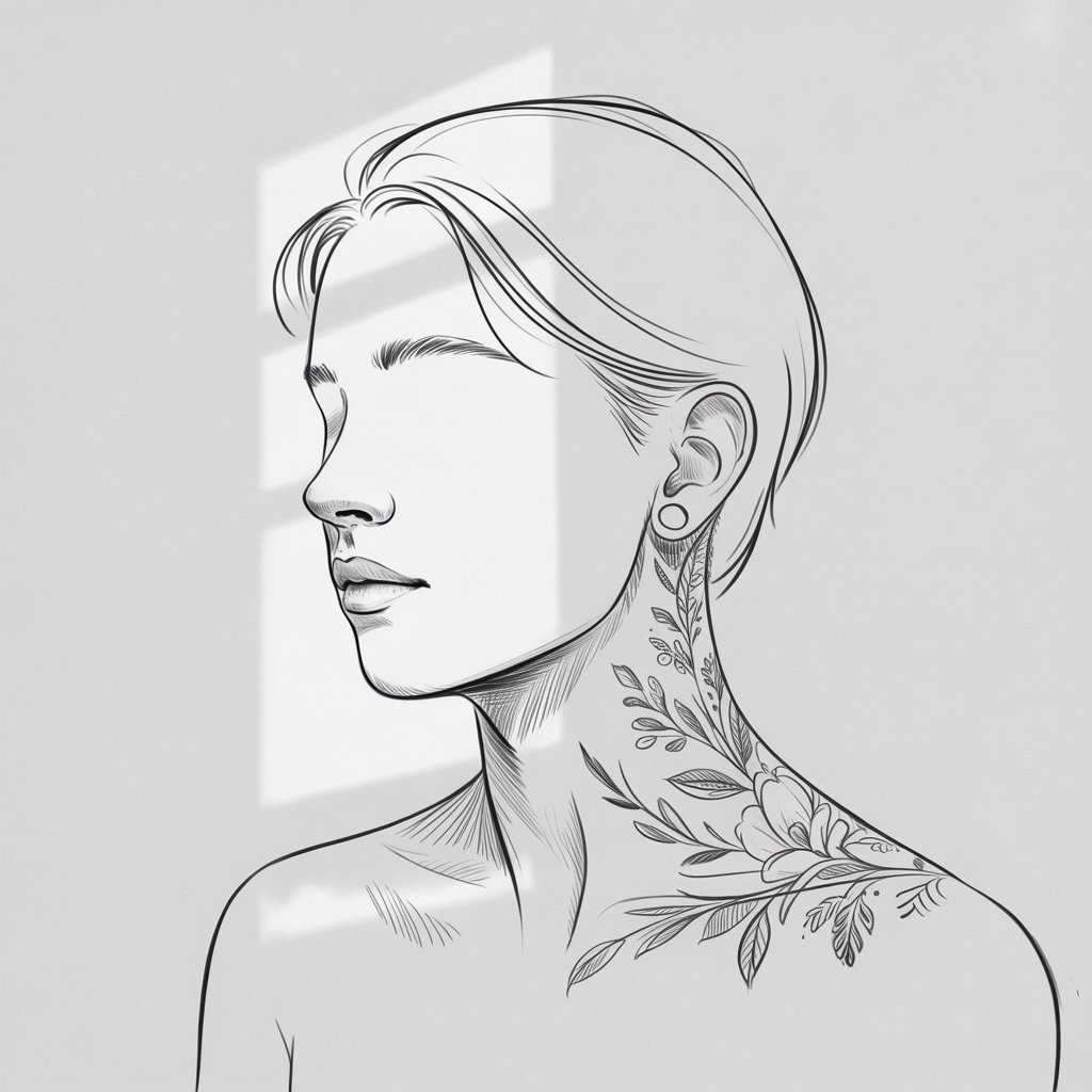 A minimalist, black and white pencil drawing illustration depicts a serene profile of a young person with visible tattoos, rendered in a delicate and precise style. Their face is characterized by smooth, flowing lines outlining a gently curved nose, subtly defined lips, and a strong, elegant jawline, with a single strand of hair falling across the forehead. Intricate, fine-lined floral and geometric tattoos adorn the neck, temple, and ear, subtly contrasting with the clean lines of the facial features and adding depth to the composition. The subject is set against a plain white background, softly illuminated by diffused light that highlights the pencil strokes and emphasizes the minimalist aesthetic.