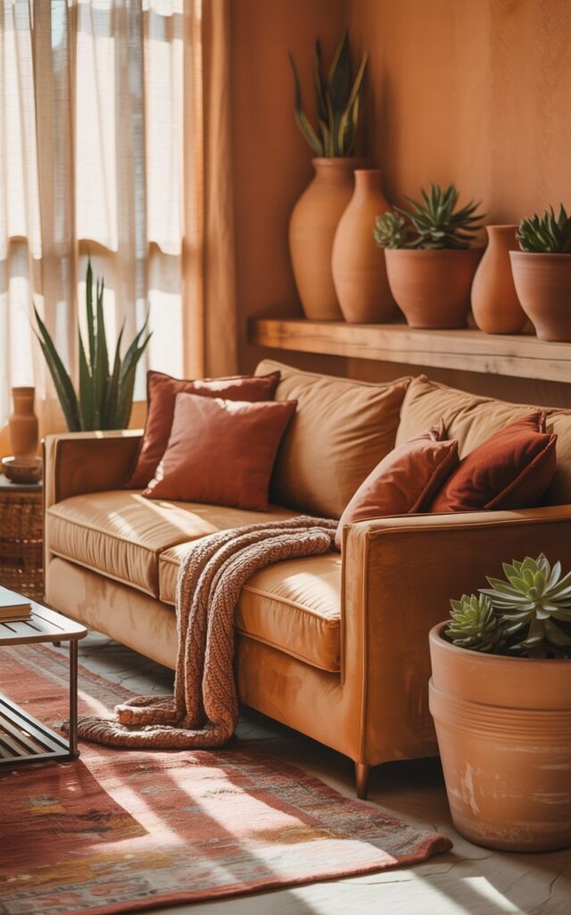 A photograph of a plush, tan velvet couch positioned centrally within a sun-drenched desert-toned living room. The couch is adorned with several rust-colored throw pillows and a knitted throw blanket, showcasing its soft texture and inviting comfort. Surrounding the couch are terracotta ceramic planters filled with succulents, a wooden mantle displaying clay-colored vases, and a sunbaked red and ochre area rug that grounds the scene, creating a cohesive and earthy aesthetic. Warm, diffused sunlight streams through sheer linen curtains, casting soft shadows and highlighting the room's cozy and soulful ambiance.