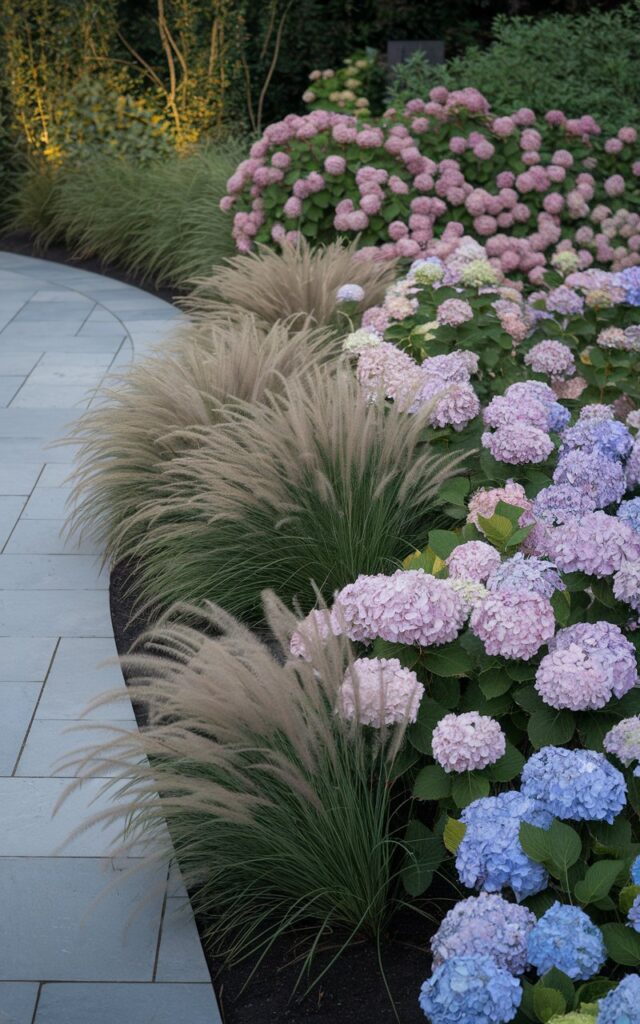A photo of a well-decorated hydrangea garden with soft pink and icy blue hydrangeas paired with feathery ornamental grasses like fountain grass and Miscanthus sinensis. The garden is arranged in wide, flowing beds that follow the curve of a modern stone walkway. Bronze and gold tones from the grasses shimmer in the breeze, while the hydrangeas add bursts of color. Subtle lighting fixtures are hidden in the beds, giving the space an elegant glow after dusk.