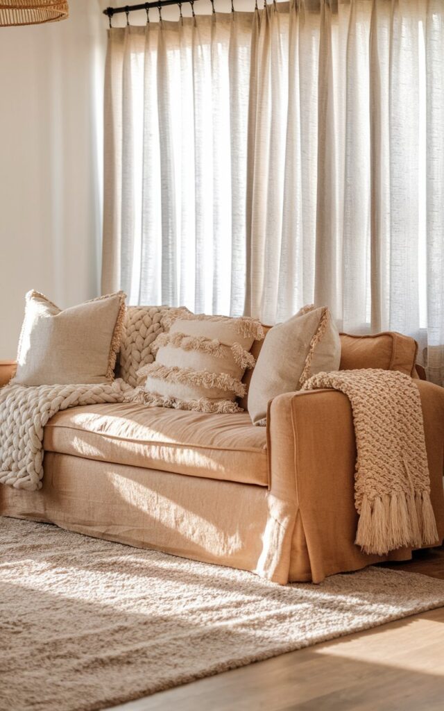 A photo of a living room with a cozy couch in a warm tan linen fabric. The couch is adorned with a chunky knit blanket, fringed neutral-toned cushions, and a woven jute throw draped over one arm. A soft shag area rug is placed underfoot, contrasting with the sleek wood floors. Linen window curtains gently filter sunlight behind the couch, while a rattan light fixture hangs at the center of the living room. The overall palette is soft and serene, with beige, oatmeal, and ivory playing harmoniously. The space radiates effortless comfort and feels like a retreat designed for unwinding.