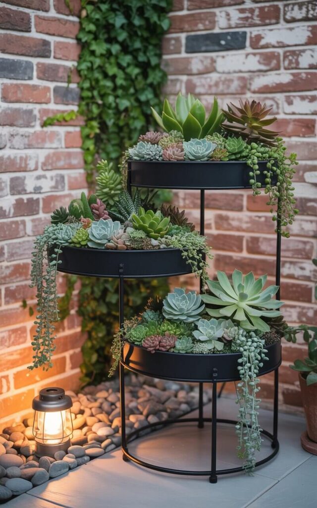 A photograph of a charming corner patio featuring a meticulously arranged tiered succulent garden. The garden sits on a sleek black metal plant stand with three levels, overflowing with a vibrant collection of jade plants, string of pearls, kalanchoe, and echeveria; their varied textures and colors create a visually appealing display. A weathered brick wall adorned with climbing ivy forms a warm backdrop, while decorative pebbles and a small solar lantern add a touch of rustic charm to the base of the stand, subtly illuminated by the afternoon sun. The scene exudes a peaceful, tranquil ambiance, demonstrating the beauty of vertical gardening in a compact space.