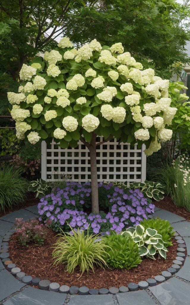A circular garden bed with a tree-form Hydrangea paniculata in the center. The hydrangea has a single trunk and a massive, rounded crown of creamy blooms. Surrounding the hydrangea are purple petunias, variegated hostas, and low-growing ornamental grasses. The garden bed has a ring of slate stones around its perimeter and is covered with mulch. A white trellis fence is placed behind the hydrangea, adding vertical interest. The hydrangea serves as a dramatic centerpiece in this masterfully designed garden.