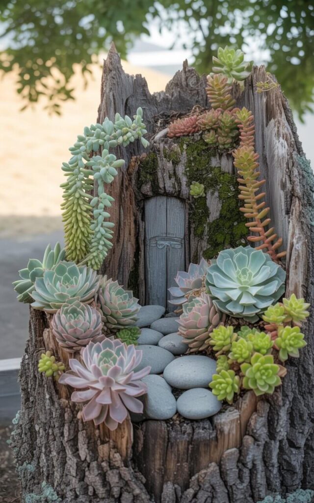 A photograph of an aged tree stump repurposed as a whimsical succulent garden. The stump, weathered with deep vertical cracks and mossy patches, cradles a diverse collection of succulents including a trailing donkey’s tail cascading over the edges, tightly packed echeveria rosettes in shades of pink and green, and vibrant creeping sedum spilling across the surface; a miniature "fairy door" is subtly nestled within a crevice. Smooth, grey river stones are scattered throughout the garden, reflecting the soft, golden sunlight that filters through a canopy of lush, green leaves overhead. The gentle lighting accentuates the textures of the bark and the vibrant hues of the succulents, creating a tranquil and enchanting scene.