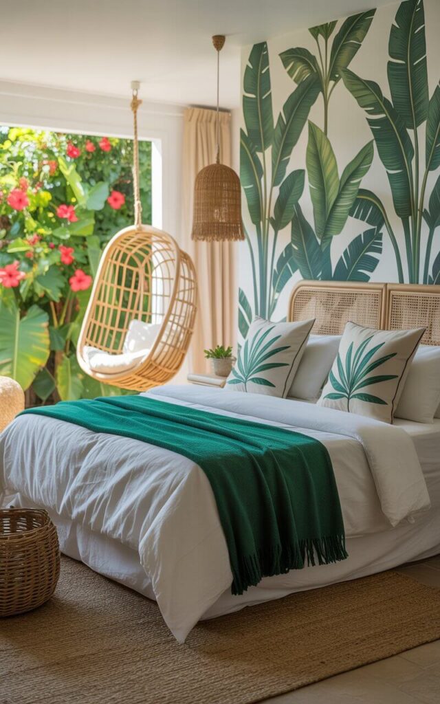 A photograph of a luxurious bedroom showcasing a serene tropical getaway theme. The focal point is a plush king-sized bed, meticulously dressed in crisp white cotton sheets, a vibrant emerald green throw blanket, and several botanical-print cushions displaying stylized palm leaves. The room features banana-leaf wallpaper, natural rattan furniture, and a gently swaying hanging chair beside a large window overlooking a lush, sun-drenched garden with vibrant hibiscus flowers, all bathed in soft, diffused sunlight. Woven baskets and a jute rug ground the space, completing the carefree and deeply relaxing ambiance.