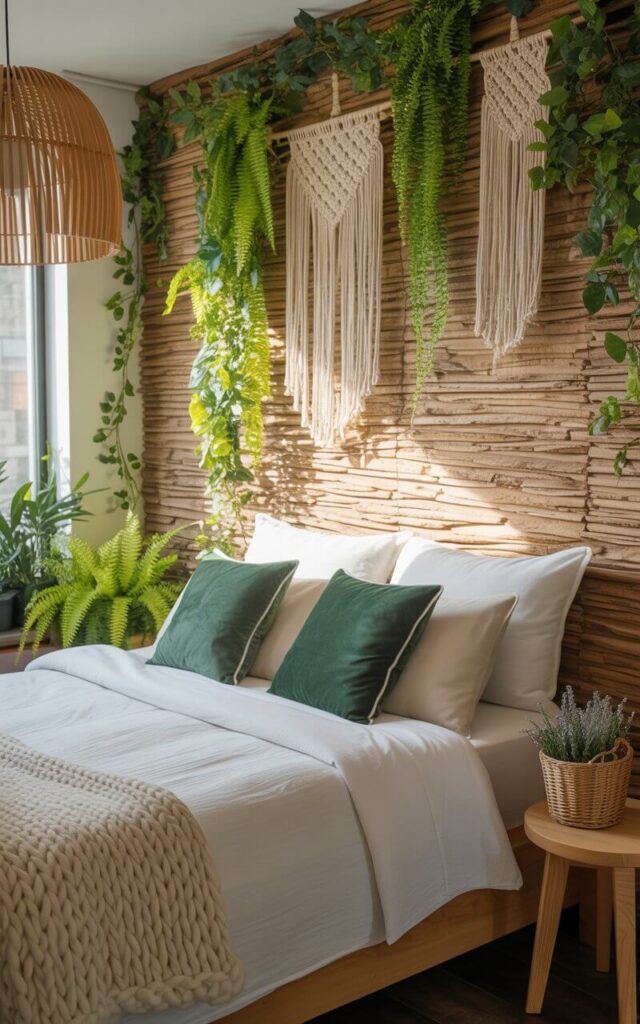 A photograph of a plush king-sized bed nestled against a textured natural wood wall in a serene urban jungle bedroom. The bed is draped in crisp white linen sheets, accented with two emerald green velvet pillows, and a chunky knit throw blanket; a small woven basket filled with lavender sits on the bedside table. Trailing ivy and delicate ferns cascade from macramé wall hangings, while a bamboo pendant lamp casts a warm glow across the scene, enhancing the feeling of tranquility and natural escape. Sunlight streams through the window, illuminating the vibrant greenery and creating a peaceful, immersive atmosphere.