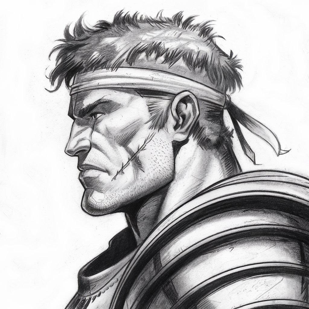A pencil drawing of a side profile of a battle-hardened warrior. The warrior has a strong jawline, firm mouth, and a faint scar across the cheek. He wears a headband and has tufts of hair peeking out. There is a single armor plate along the shoulder line. The background is plain white.