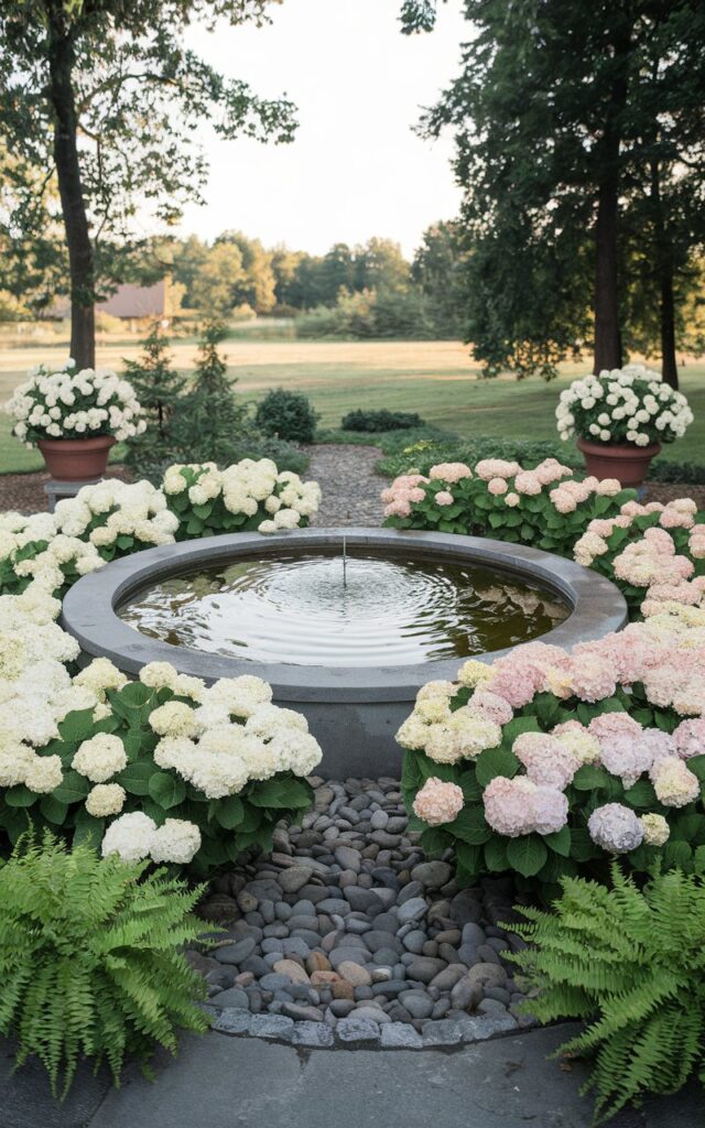 A photo of a circular stone fountain surrounded by a garden of white and blush hydrangeas. The hydrangeas are large mounds that surround the water feature. The water's surface reflects the flowers and the sky. The ground around the fountain is covered with smooth river stones and ground-level ferns. There are also potted hydrangeas placed at opposite corners of the area. The background reveals a serene landscape with trees and a building. The fountain's gentle trickle of water provides a soothing sound.